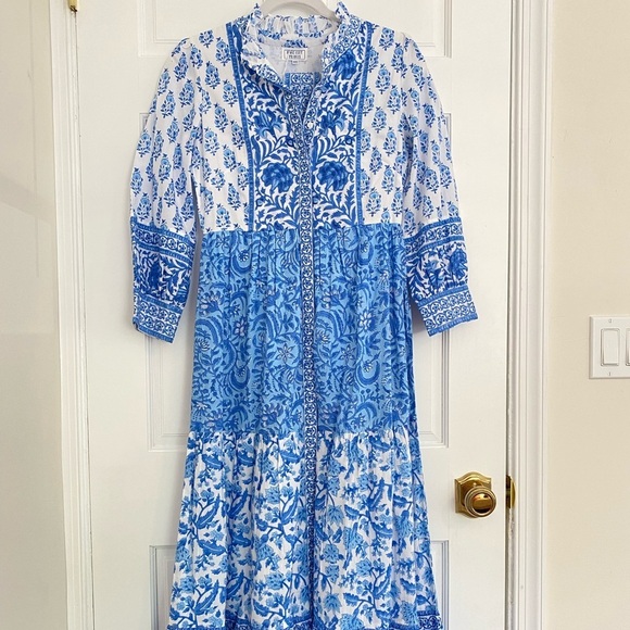 Pink City Prints Tuckernuck Blue Ocean Mix Gemma Block Print Midi Shirt Dress - Picture 9 of 16